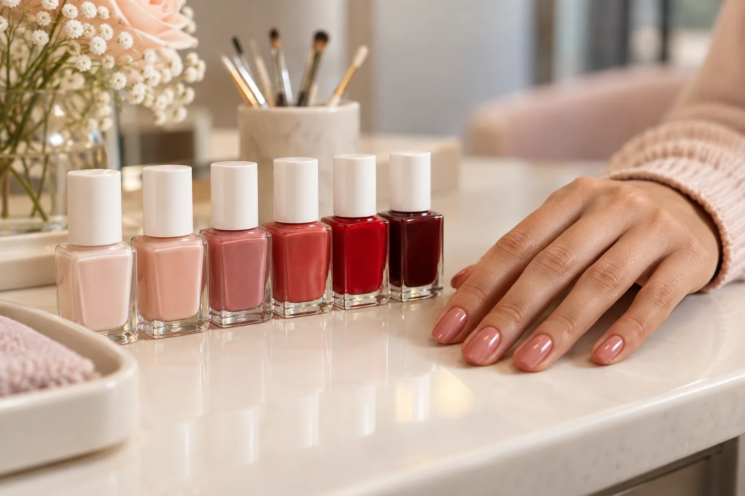 A considered selection of polish colours at a manicure table