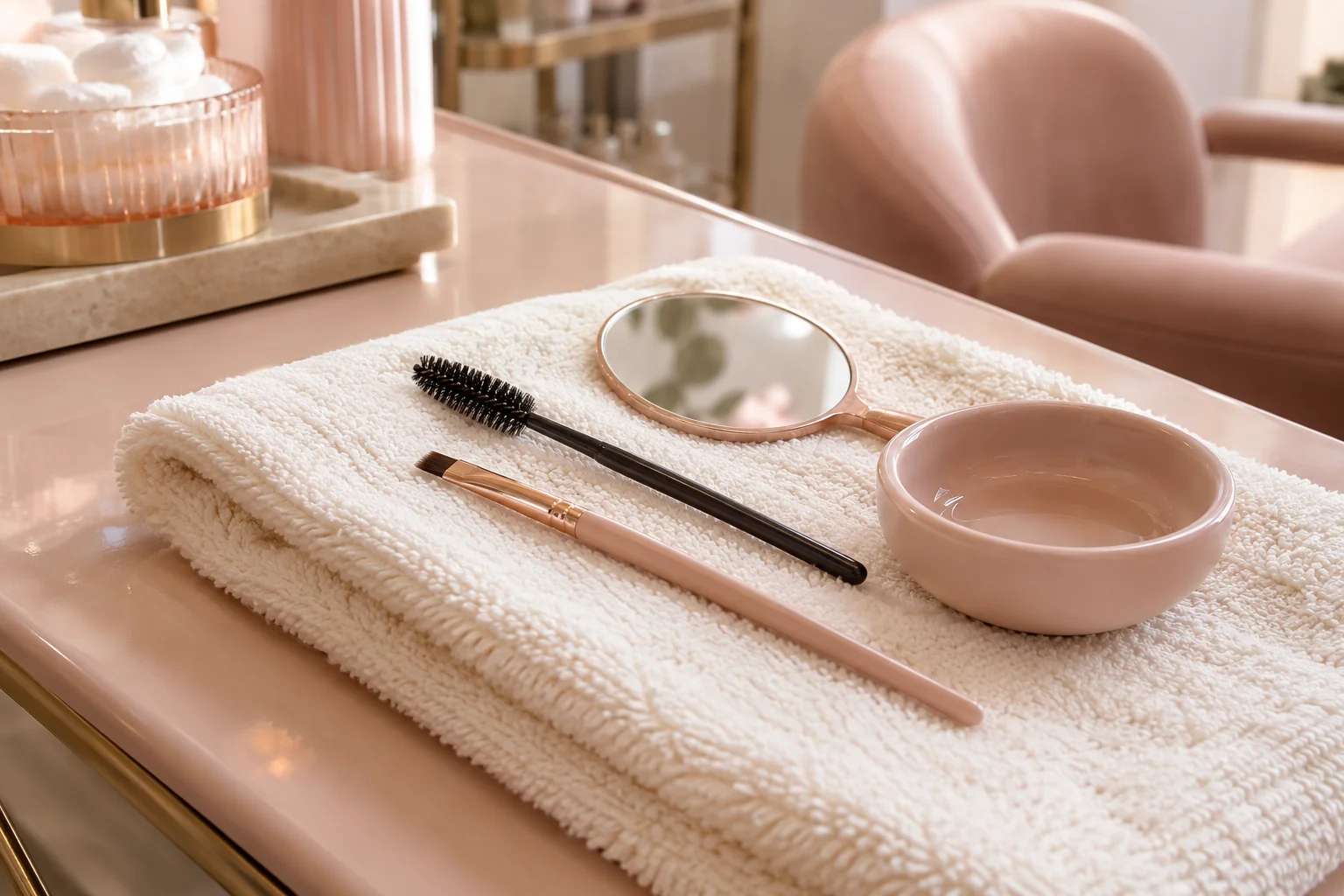 Brow and lash brushes arranged neatly on a clean salon towel