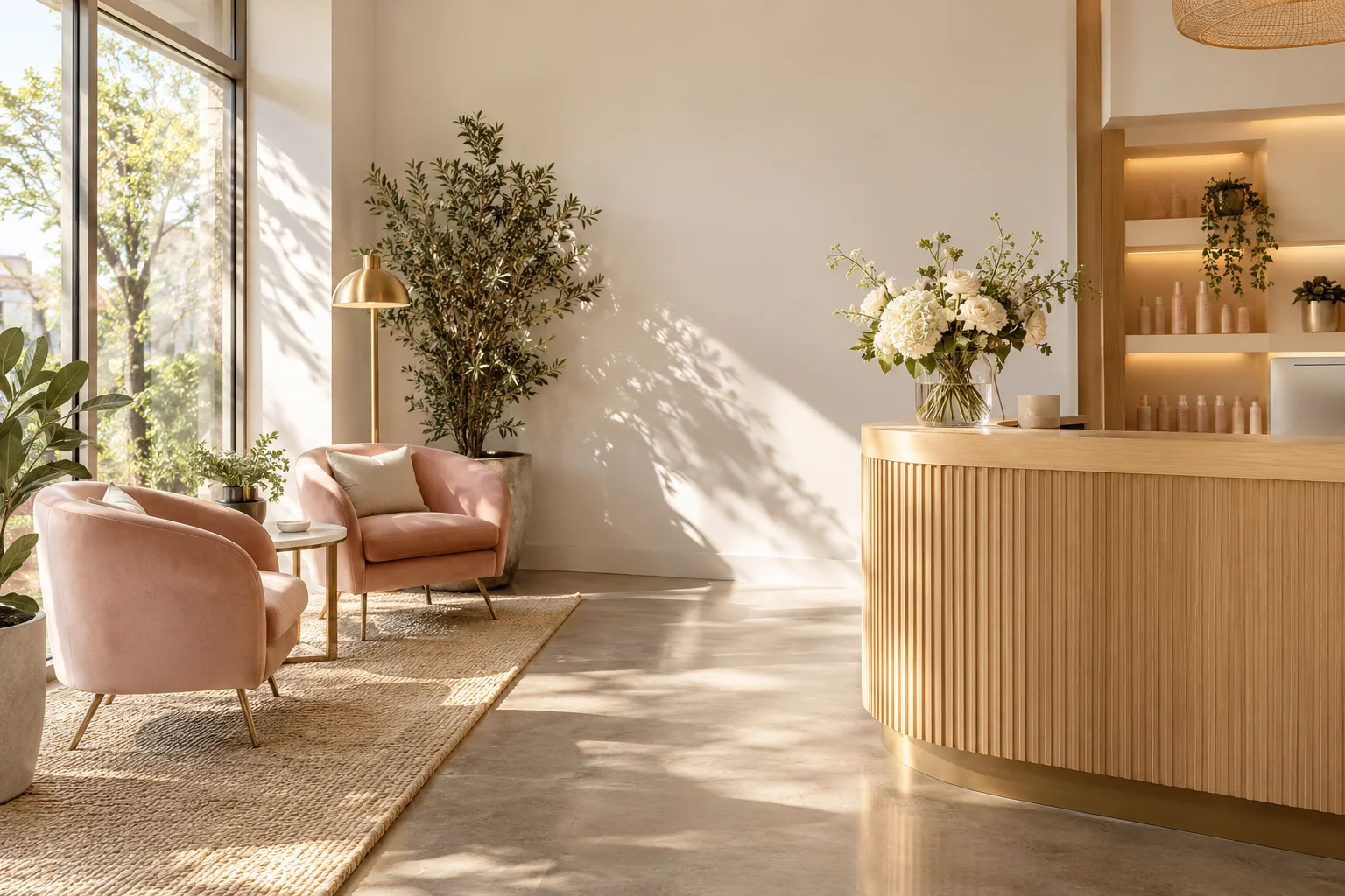 Light-filled salon interior with pink chairs and large mirrors