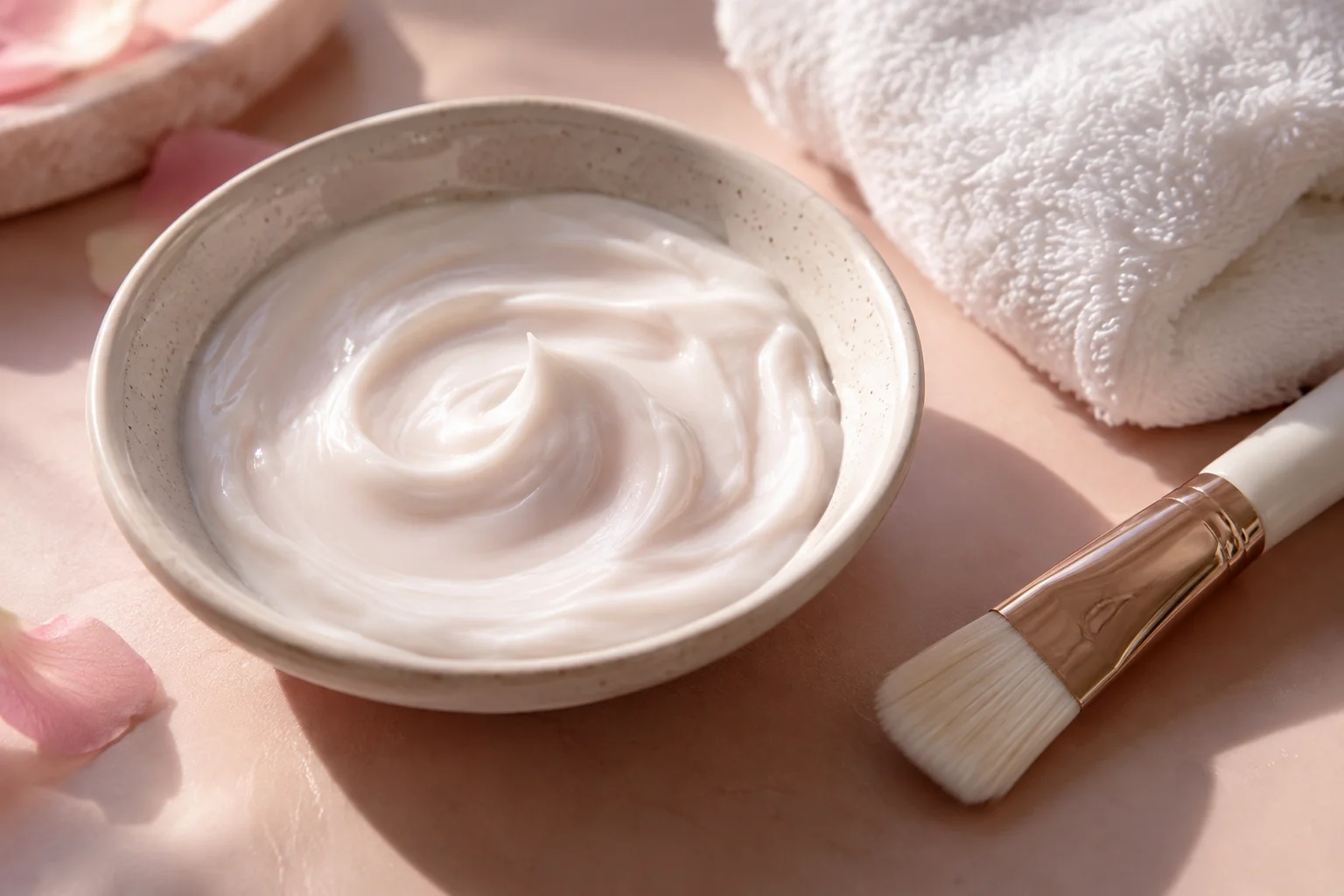 Cream, a soft facial brush and a ceramic dish prepared for skincare