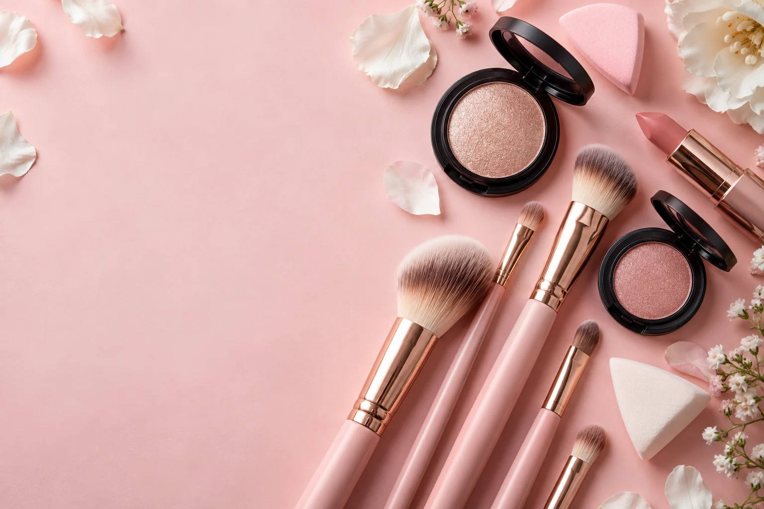 Pink makeup brushes, cosmetic compacts and white flowers on a blush surface