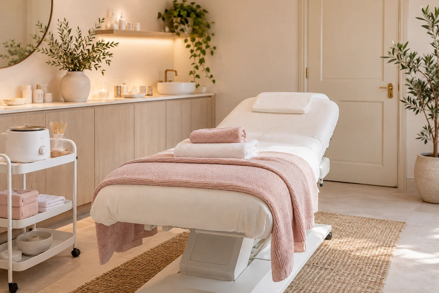 A private waxing treatment room with a neatly prepared treatment bed